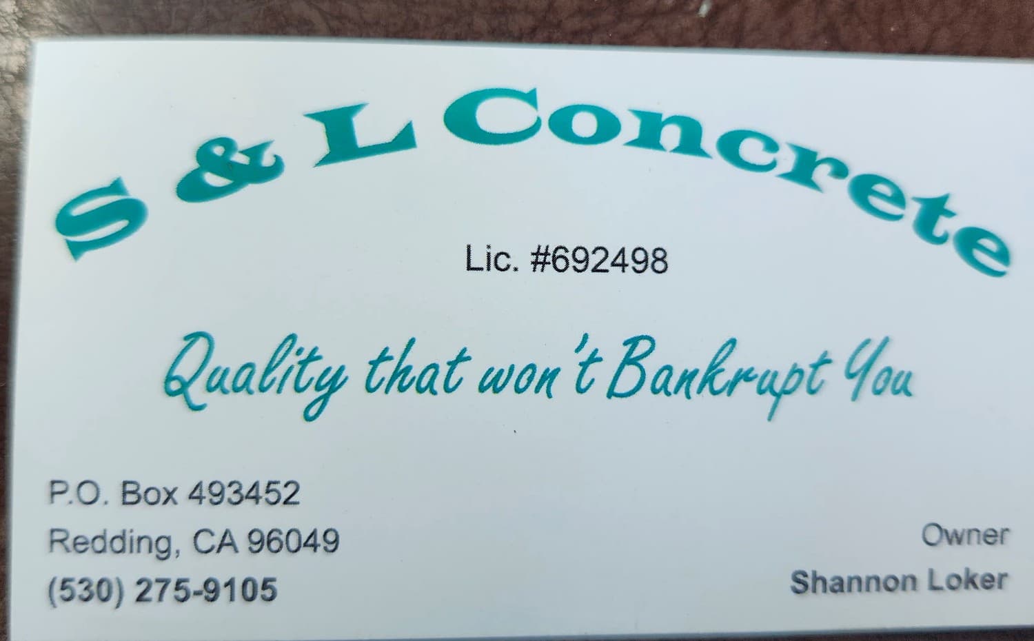 S & L Concrete's original business card