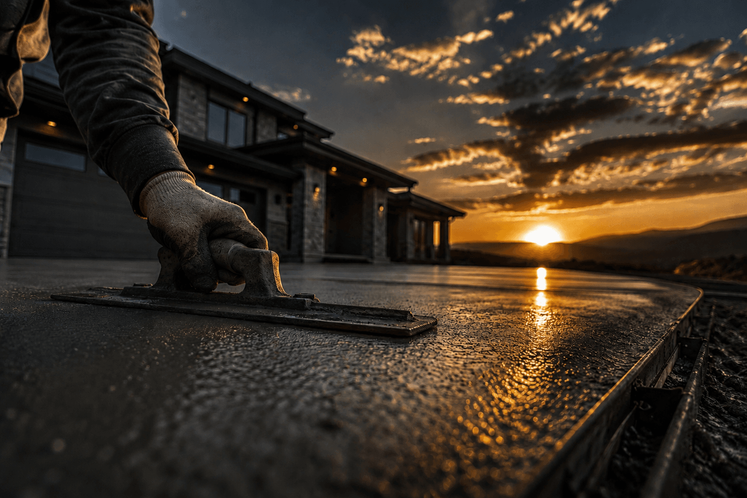 A gloved hand finishing a freshly poured concrete driveway at sunset, a modern Northern California home behind it