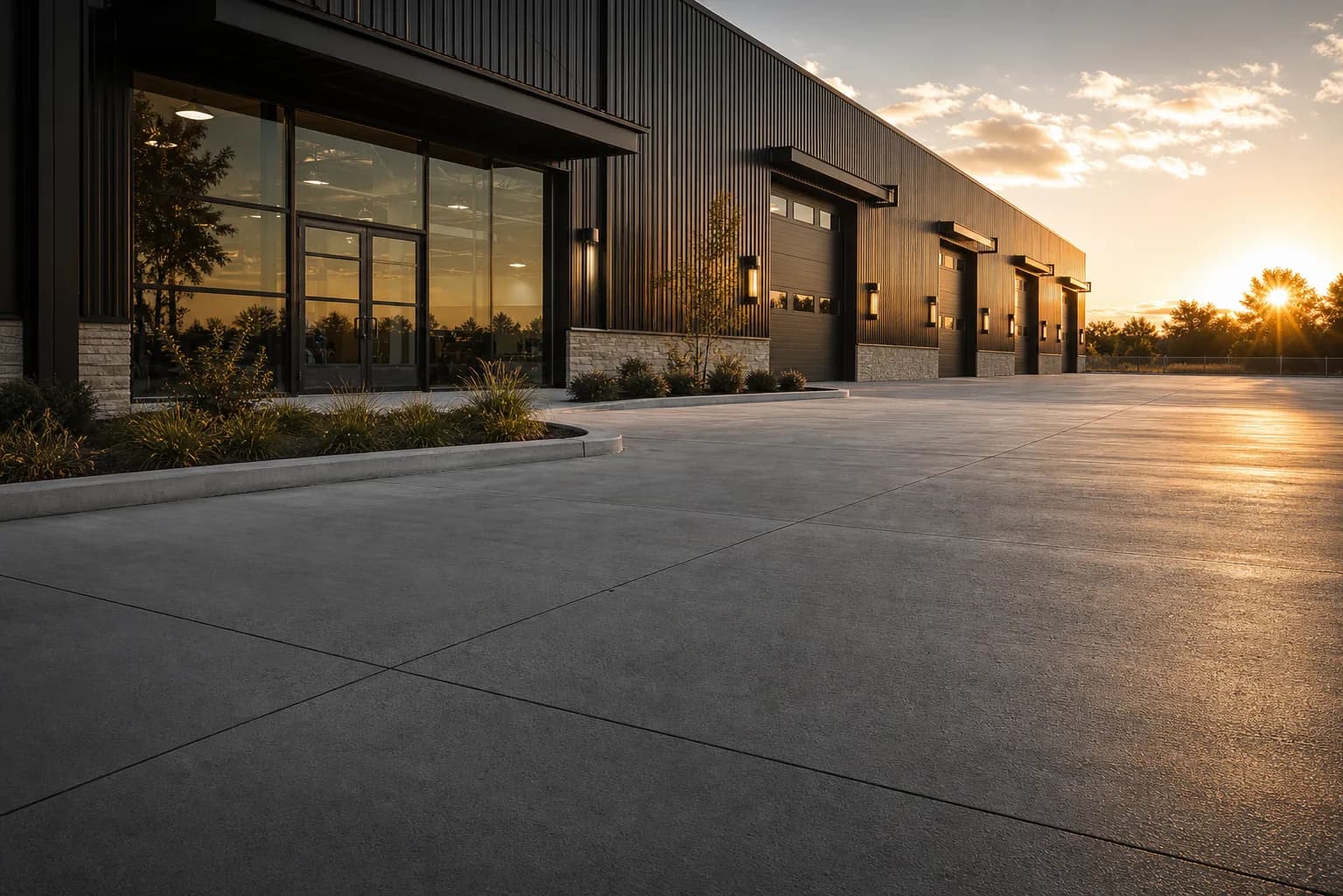 Large finished commercial concrete forecourt outside a modern industrial building