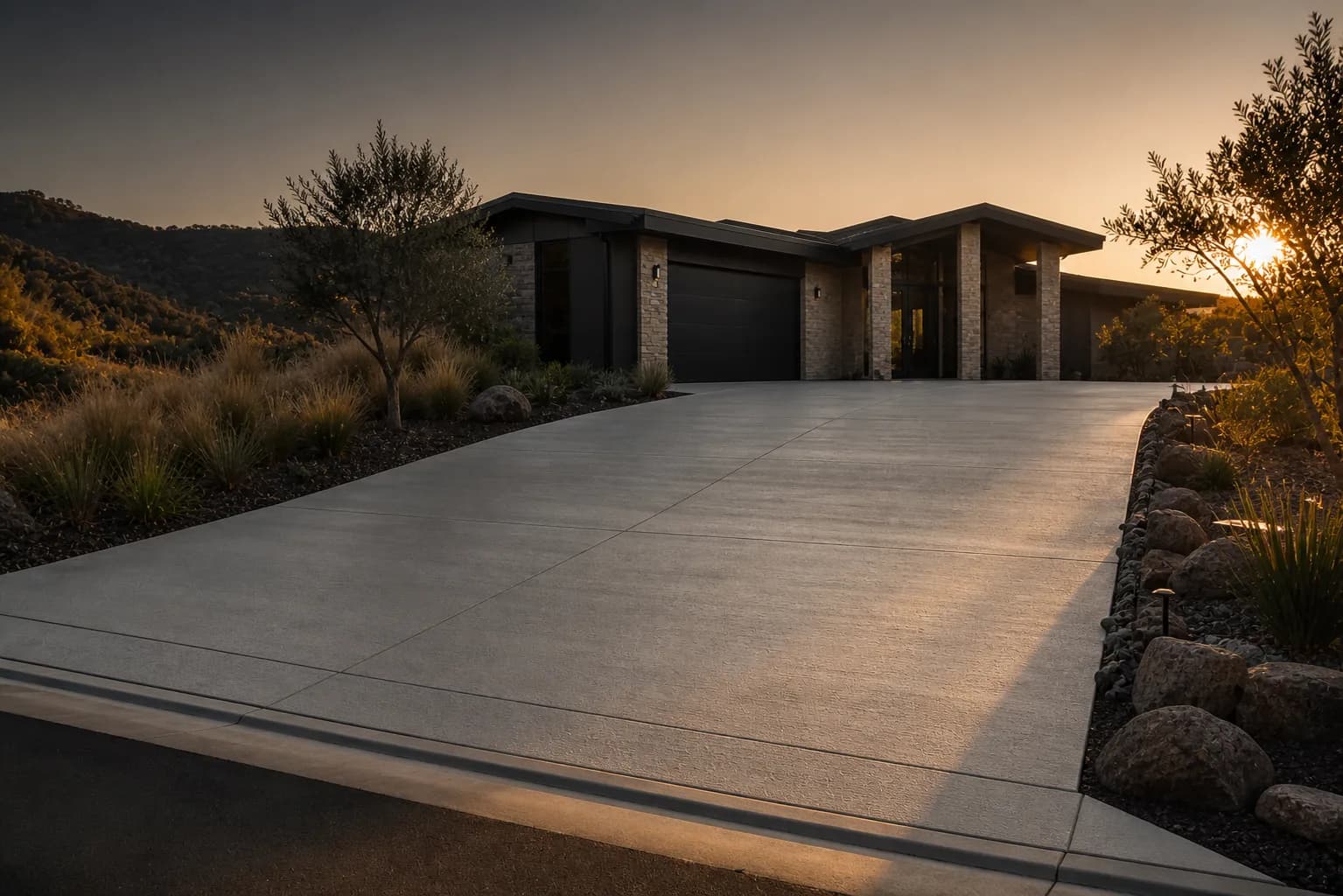 Finished concrete driveway leading to a modern Northern California home at golden hour
