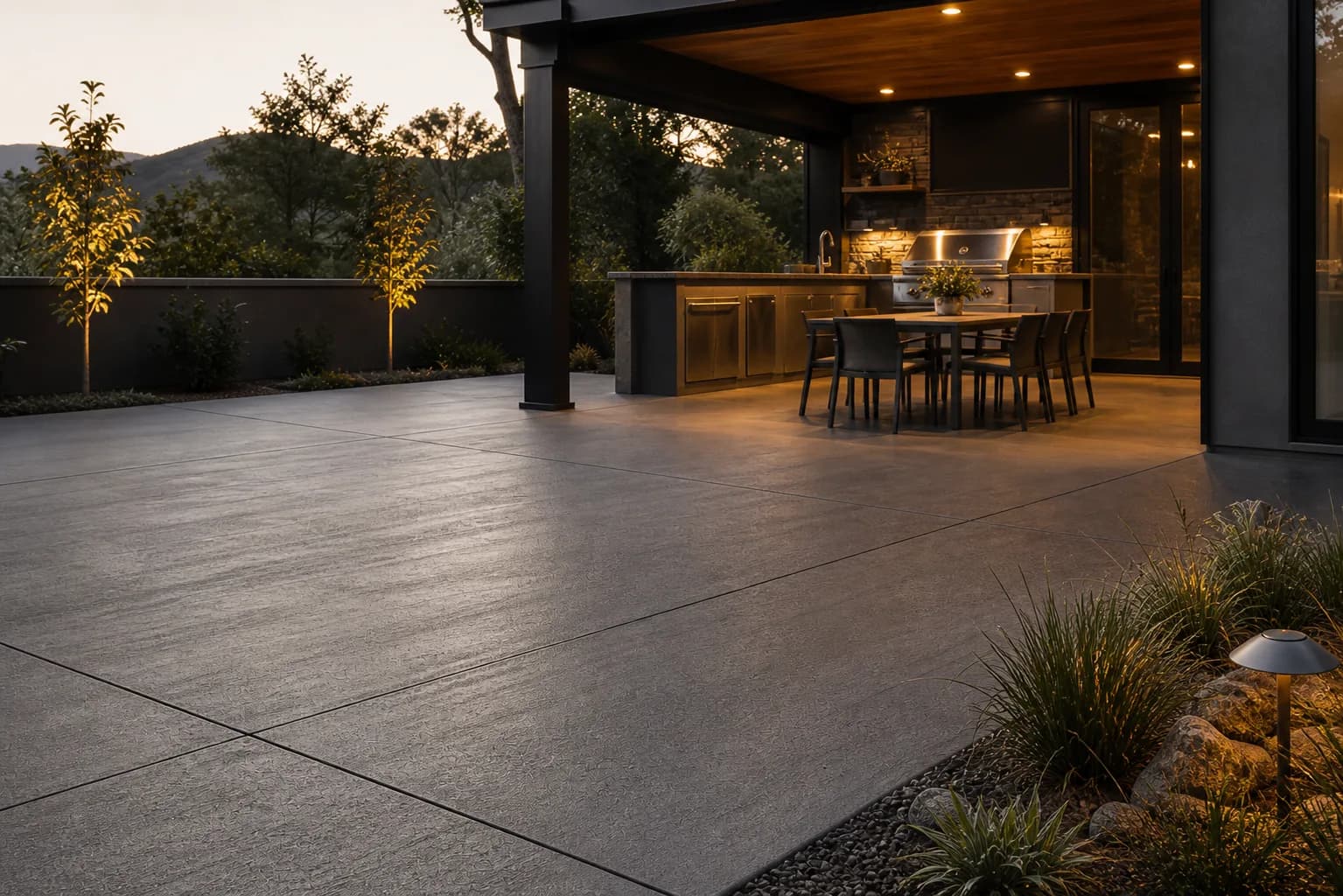 Finished concrete patio beside an outdoor kitchen in warm evening light