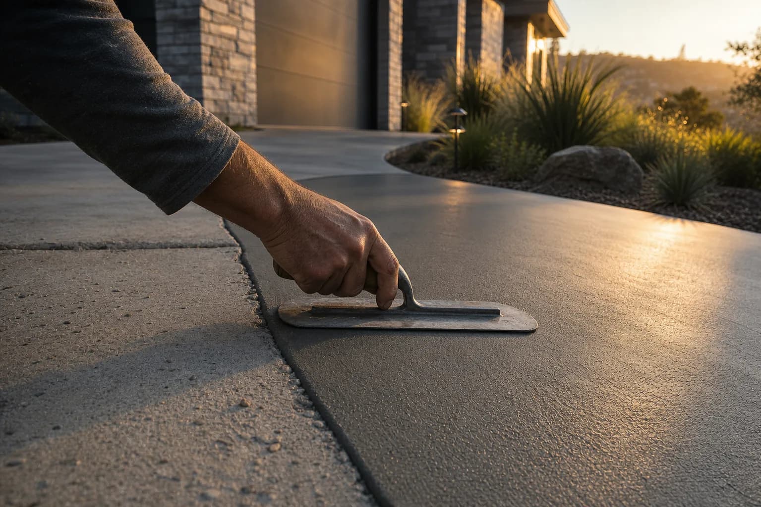 Concrete repair finish work with a hand trowel on a residential walkway
