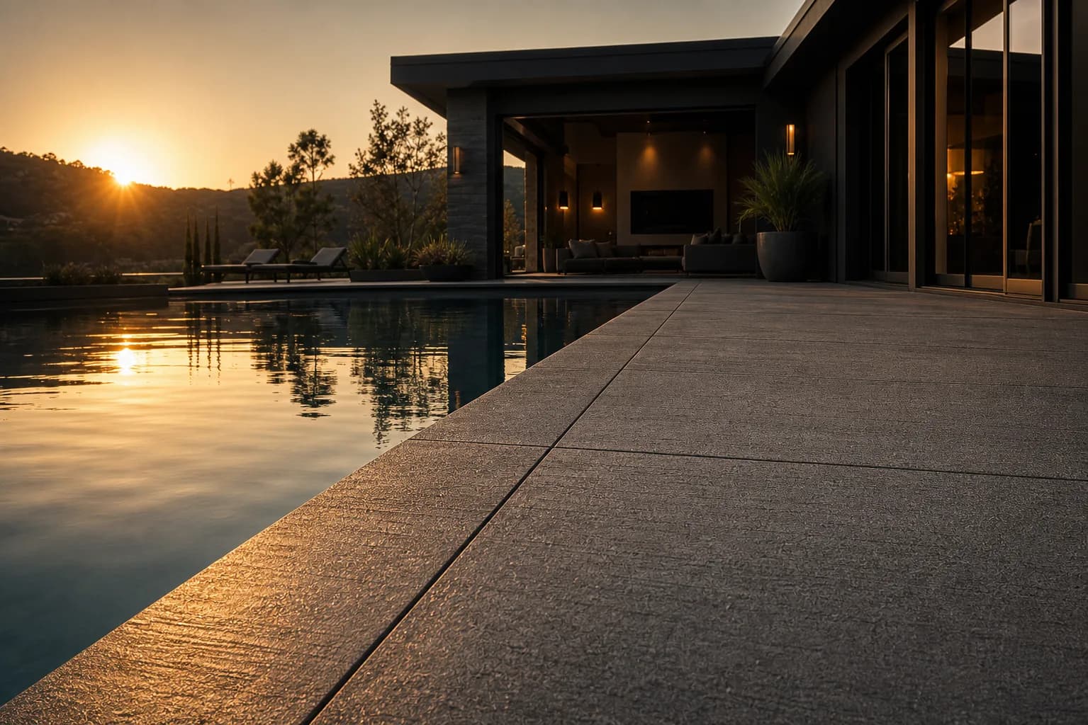 Textured concrete pool deck beside a modern pool at sunset