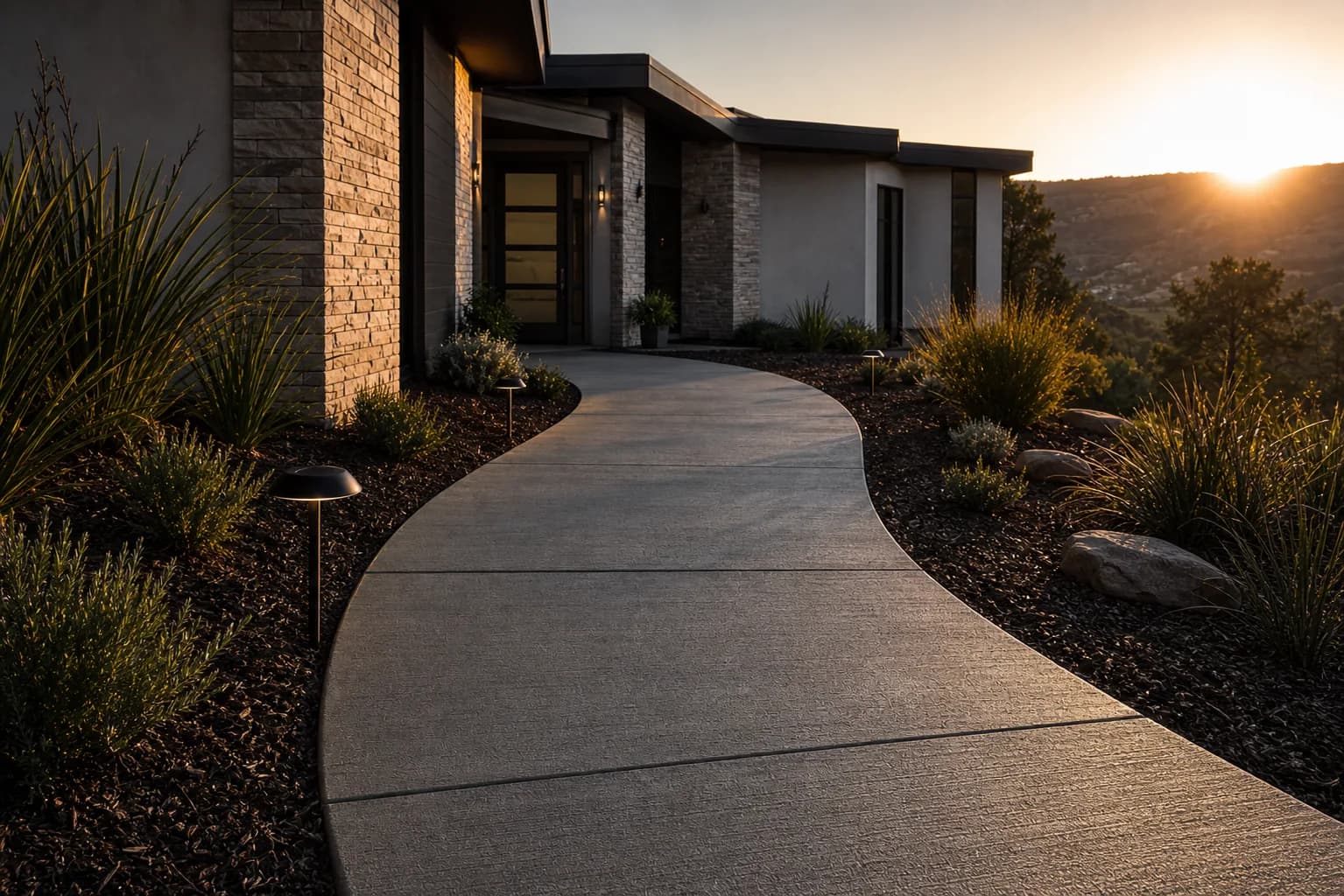 Curved concrete walkway leading to a premium residential entry