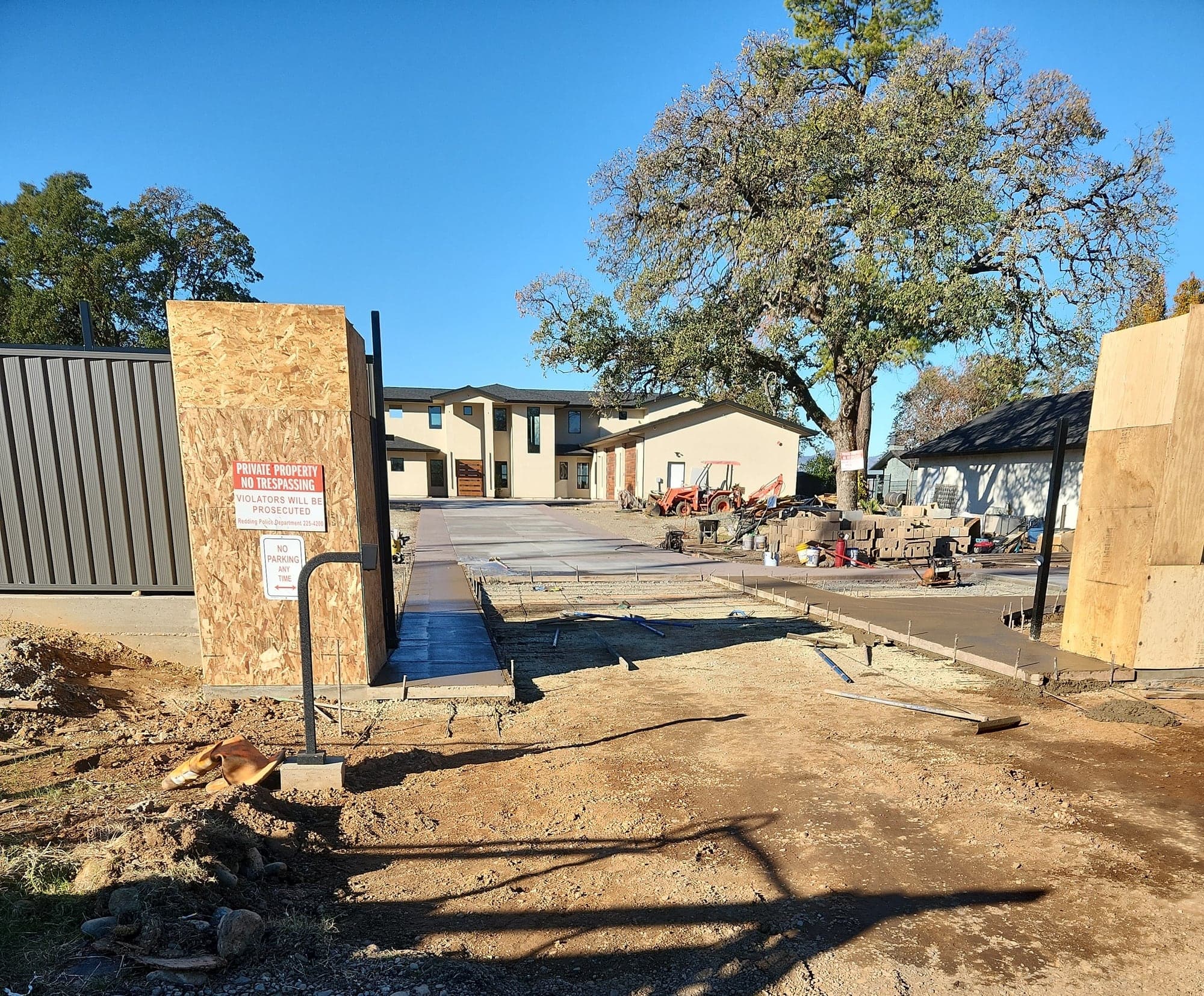 The approach formed and reinforced, ready for the pour, with the house behind